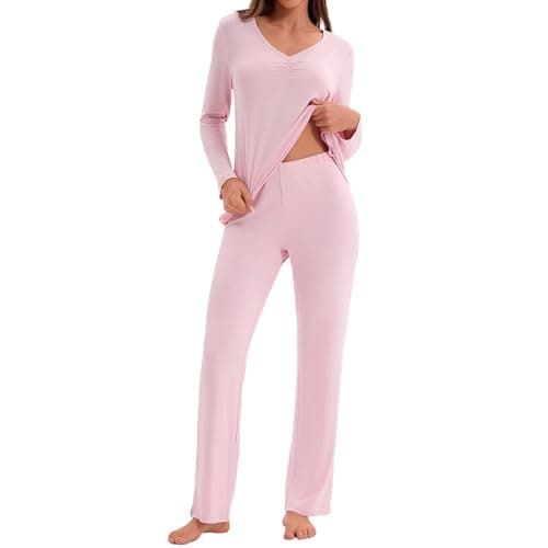 Navisting Women's Soft Knit Pajamas Set V-Neck Top and Pants Long Sleeve Two Piece Loungewear Elegant Wavy Hem Sleepwear with Color Options Cherry Blossom XL - Image 1