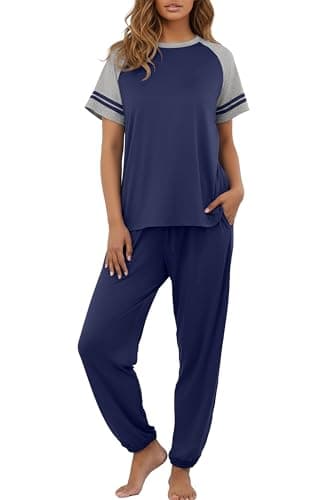 PrinStory Womens Pajama Sets Short Sleeve Pjs 2 Piece Lounge Set Soft Pj Sets Lightweight Sleepwear Loungewear with Pockets Navy Blue-XL - Image 1