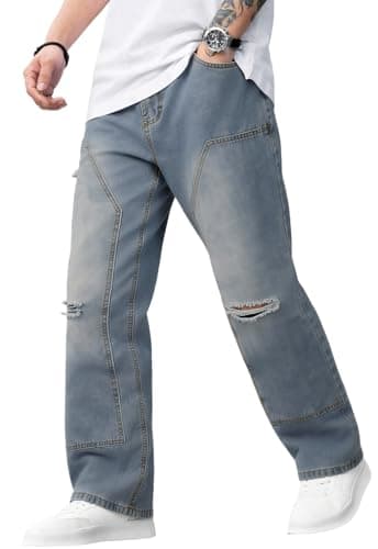 DISLANBO Baggy Wide Leg Jeans for Men Y2K Streetwear Vintage Loose Fit Denim Pants Blue - Image 1