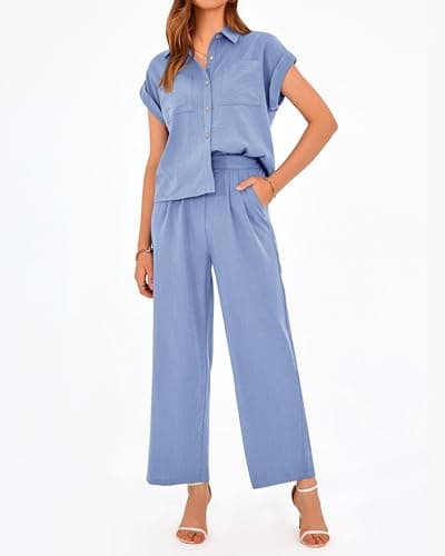 PRETTYGARDEN Womens 2 Piece sets Summer Cap Sleeve Tops Palazzo Pants Dressy Casual Vacation Travel Outfits Tracksuits(Sky Blue,Medium) - Thumbnail 3