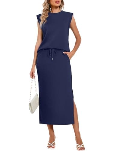 Casly Lamiit Two Piece Skirt Set for Women Casual Travel Summer Outfits Spring Short Sleeve Lounge Travel Sets Navy Blue 2XL - Image 1