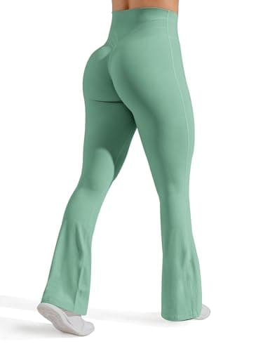 Unthewe High Waisted Flare Leggings for Women Tummy Control Butt Lifting Workout Yoga Wide Leg Pants(U923-Green-L) - Image 1