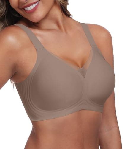 Kinnette Women's Wireless Bras Full Coverage V Mesh Padded Bralette No Underwire Seamless Comfortable Everyday Bra (Light Coffee, XL) - Image 1