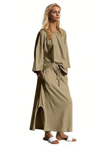 Halfword 2 Piece Sets for Women Oversized Shirt and Maxi Skirt Set Vacation Clothes Casual Lounge Set with Pockets Beige S - Thumbnail 3