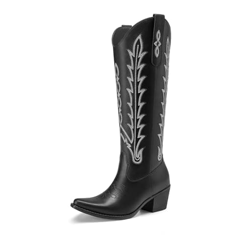 Athlefit Black Cowboy Boots for Women Cowgirl Knee High Comfortable Slip On Chunky Heel Square Toe Western Embroidered Tall Long Boots for Country Concert Black Size 9 - Image 1
