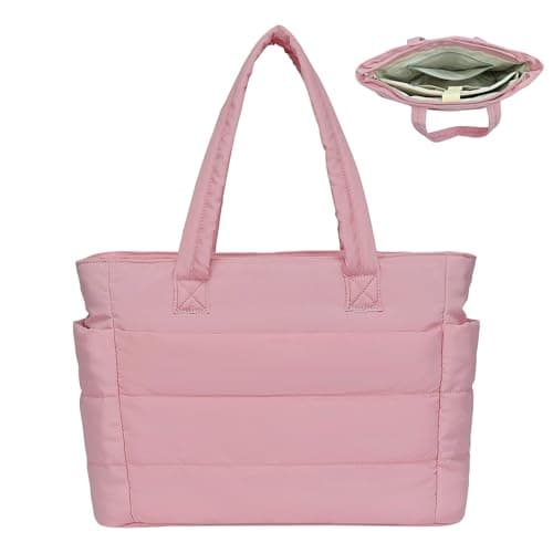JHhomezeit Puffer Tote Bag for Women-Large Work Tote Bags Quilted Lightweight Puffy Bags Shoulder Bag with Laptop Compartment Pink - Image 1