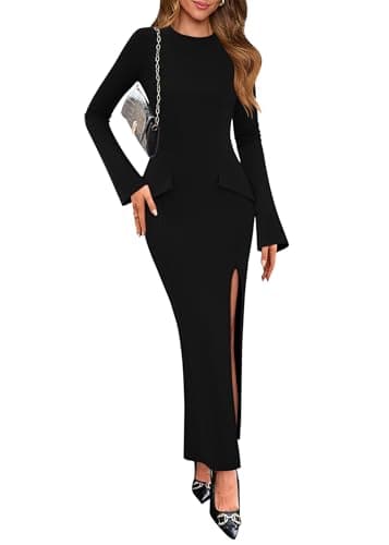 Lazysmile Fall Dresses for Women Long Sleeve Mock Neck Buckle Back Backless Bodycon Split Party Cocktail Wedding Guest Dress Black - Image 1