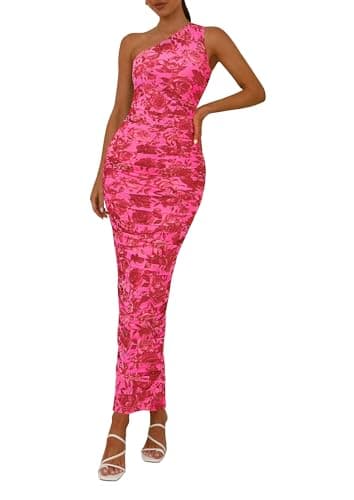 PRETTYGARDEN Women's One Shoulder Bodycon Dresses Summer 2026 Ruched Floral Beach Cocktail Wedding Guest Dress(Pink Red Flower,XX-Large) - Image 1