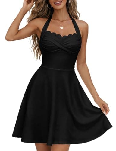 CiCiBird Women's Halter Neck Mini Dress with Pockets Scalloped Neck Retro A-Line Cocktail Party Dress Backless Bow Tie Black M - Image 1