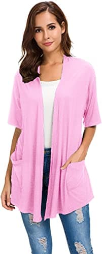 ADANIKI Women 2026 Summer Lightweight Cardigan, Short Sleeve Open Front Casual Trendy Womens Kimono Cover Up with Pocket (Pink, S) - Image 1