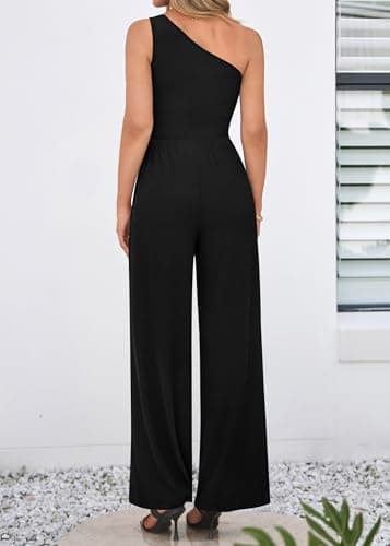 KIRUNDO One Piece Jumpsuits For Women Dressy 2026 Sleeveless One Shoulder Ribbed Wide Leg Rompers With Pockets Summer Outfits(Black, X-Large) - Thumbnail 2