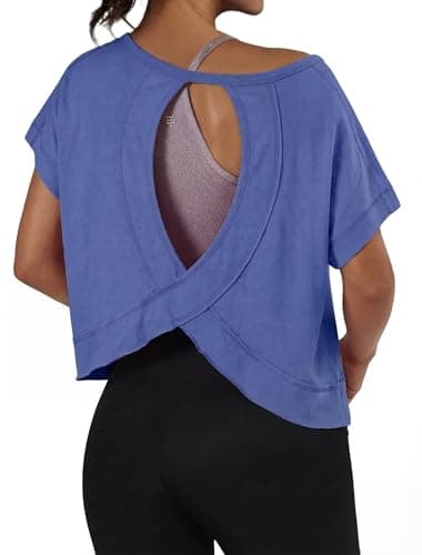 GRECERELLE Women's Open Back Workout Tops Backless Athletic Shirts Casual Crop Running Tee Y2k Yoga, Royal Blue, Small - Image 1