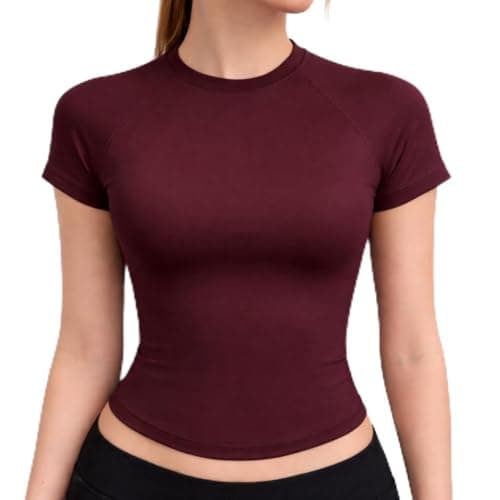 Women’s Seamless Workout Tops Short Sleeve T Shirt Stretchy Slim Fit Athletic Tee Breathable Lightweight Yoga Gym Crop Top Rose Red-M - Image 1