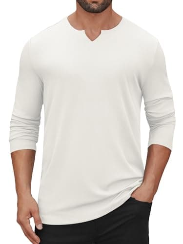 Hardaddy Men's V Neck Long Sleeve Ribbed Casual T-Shirt Classic Basic Solid Tee Shirts White XL - Image 1
