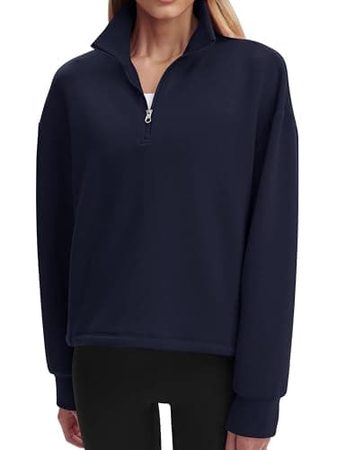 COCOMARTS Womens Sweatshirts Half Zip Pullover Drawstring Waist Sweaters Quarter Zipper Hoodies 2025 Fall Winter Fashion Clothes Outfit Navy Blue Small - Image 1