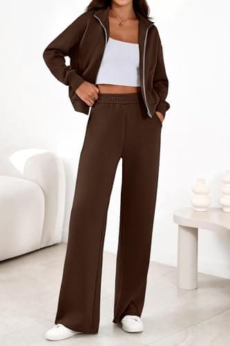 PRETTYGARDEN Womens 2 Piece Outfits Spring Sweatsuits Zip Up Sweatshirt Wide Leg Sweatpants Casual Tracksuit Lounge Sets(Brown,Large) - Thumbnail 4