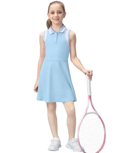 Gogokids Girls Tennis Dress Sleeveless Quick Dry Athletic Polo Dress for Golf Activewear Sports Outfit, Blue, 6-7 Years, 120 - Image 1