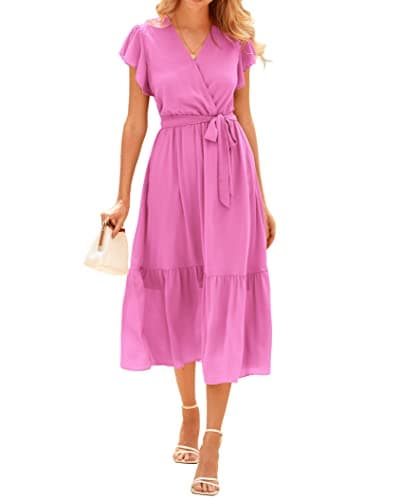 BTFBM Women Summer Bohemian Floral Casual Wrap V Neck Ruffle Cap Sleeveless Belt A-Line Pleated Hem Swing Midi Sun Dress (Solid Rose Pink, X-Large) - Image 1