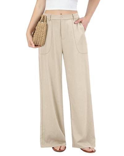 JEKAOYI Womens Wide Leg Linen Cotton Pants Summer Casual Stretchy Lightweight High Waisted Trousers for Work Lounge Khaki - Image 1