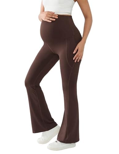 BRATUC Maternity Leggings for Women Bootcut Pregnancy Yoga Pants Buttery Soft Workout Active Bell Bottom with Pockets (Small, Coffee Brown) - Image 1