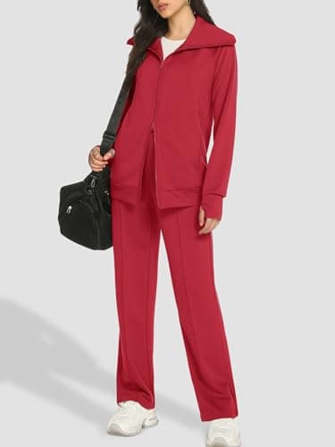 Casly Lamiit 2 Piece Lounge Sets for Women 2026 Casual Sweatsuit Travel Outfits Double Zipper Sweatshirt Long Sweatpants Athletic Track Suit Red S - Thumbnail 4