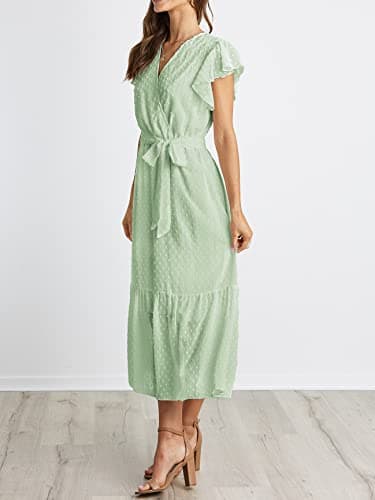 BTFBM Women Summer Bohemian Floral Casual Wrap V Neck Ruffle Cap Sleeveless Belt A-Line Pleated Hem Swing Midi Sun Dress (Swiss Dot Light Green, m) - Thumbnail 6