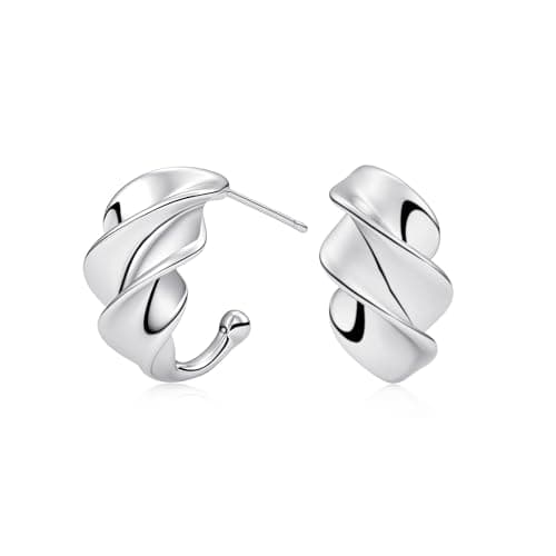 EYESHOCK Small Half Huggie Hoop Earrings for Women, Chunky Style Silver Plated 925 Sterling Silver Post, Hypoallergenic Lightweight Twisted Honeycomb Texture Hoops - Image 1