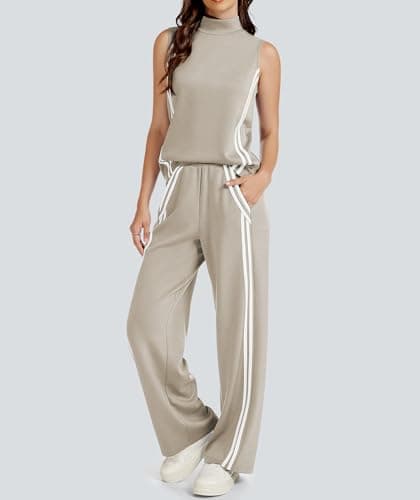 Casly Lamiit Two Piece Sets for Women Lounge Travel Outfits Casual Sweatsuit Matching Airport Clothes Sleeveless Tops Long Jogging Pants Dark Beige S - Thumbnail 4