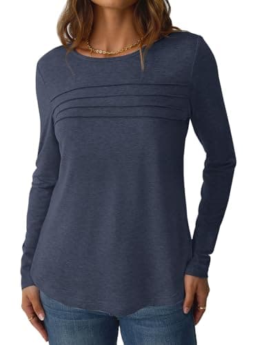 NORACORA Women's Long Sleeve Tops Crew Neck Casual Tunics Dressy Pleated Front T Shirts Business Blouses 2025 Spring Fall Outfits Pullover Tshirts Navyblue XXL - Thumbnail 4