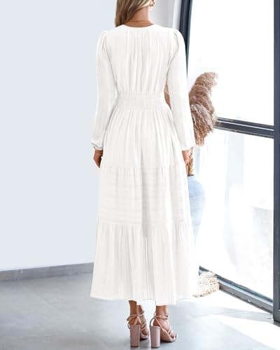 BTFBM Spring Dresses for Women 2026 Casual Long Sleeve V Neck Elastic Waist Lightweight Maxi Wedding Guest Dress Pockets(White, X-Large) - Thumbnail 3