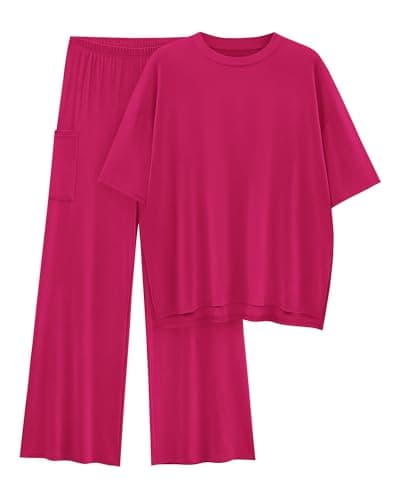 KIRUNDO Womens 2 Piece Outfits 2026 Summer Casual Loose Short Sleeve Pullover Tops & Wide Leg Pants Lounge Sets Tracksuit(Rose Red, Small) - Image 1
