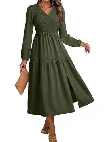 Dokotoo Fall Dresses for Women 2025 V Neck Long Sleeve Smocked Empire Waist Ruffle Tiered Swing Split Maxi Dress Teacher Outfits for Women Green Large - Image 1