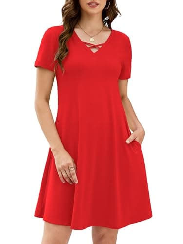 KORSIS Women's Mini Dresses Summer Casual T-Shirt Short Sleeve Criss Cross V Neck Swing Soft Loose Beach Party Vacation midi Soild Dress with Pockets (S-2XL) Red - Image 1