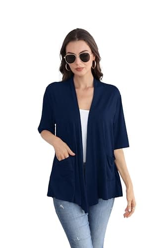 ADANIKI Women 2026 Summer Lightweight Cardigan, Short Sleeve Open Front Casual Trendy Womens Kimono Cover Up with Pocket (Navyblue, M) - Image 1