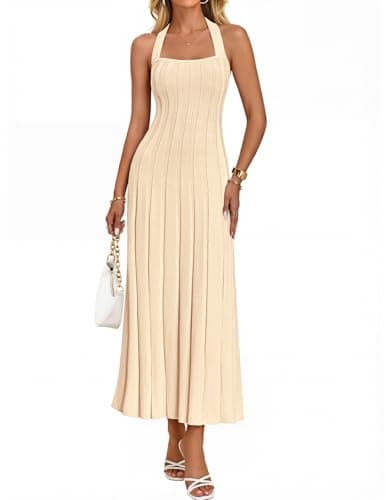 MEROKEETY Women's 2026 Spring Summer Sweater Dress Casual Halter Sleeveless Elegant Ribbed Knitted Bodycon Midi Dresses, Apricot, Medium - Image 1
