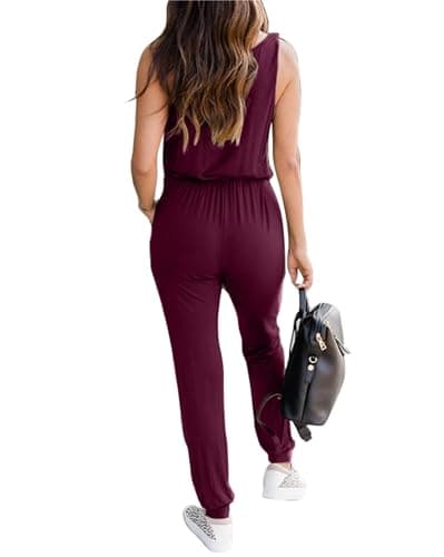 KIRUNDO Women 2026 Summer Jumpsuits Casual Sleeveless Drawstring Elastic Waist Romper Vacation Cruise Airport Travel Outfits(Wine Red, Large) - Thumbnail 2