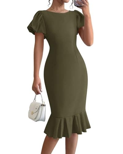 BTFBM Women Formal Wedding Guest Cocktail Dresses 2026 Short Sleeve Ruffle Mermaid Work Bodycon Elegant Midi Summer Dress(Army Green, XX-Large) - Image 1