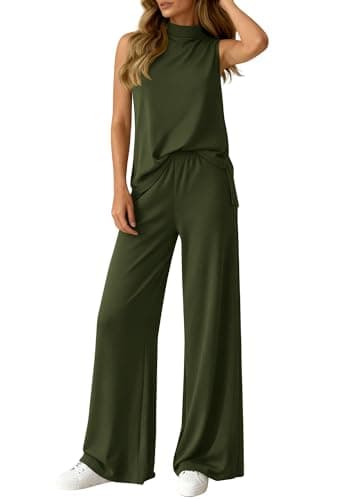 BTFBM Summer 2 Piece Lounge Sets For Women Sleeveless Mock Neck Top Wide Leg Pants Spring Vacation Airport Travel Outfits(Army Green, Medium) - Image 1