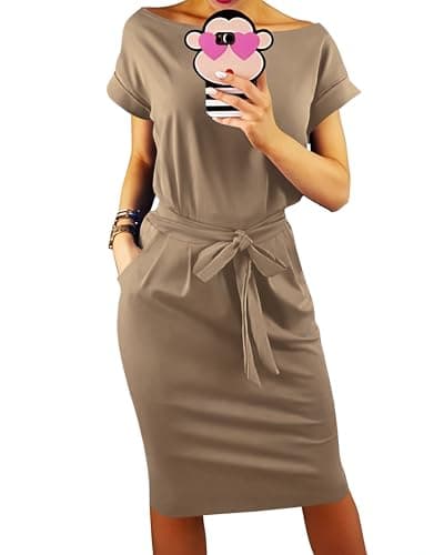 PRETTYGARDEN Women's Summer Short Sleeve Crewneck Striped Dress Basic Solid Tie Waist Office T Shirt Dresses Pockets(Khaki,Small) - Image 1