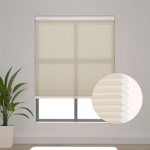 Changshade Cellular Shades Cordless Blinds for Indoor Windows, Honeycomb Blinds Pleated Window Shades Light Filtering for Bedroom, Bathroom, Shade Size 64 inch High 26 inch Wide, Beige - Image 1