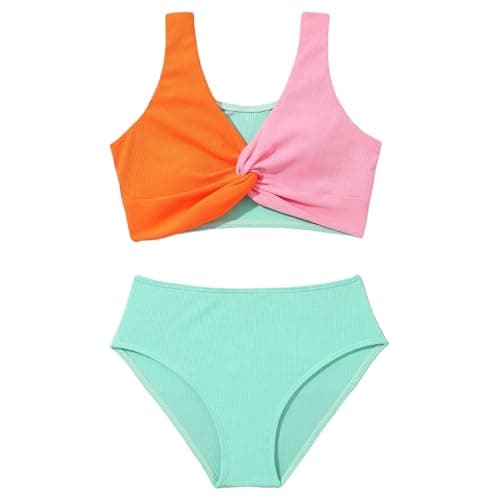 J·E Sterguard Girls Two Piece Swimsuits Teen Bikini Color Block Girls' Swimwear Ribbed Bikini Criss Cross Kids Swimsuits Size 9 1287-G - Image 1