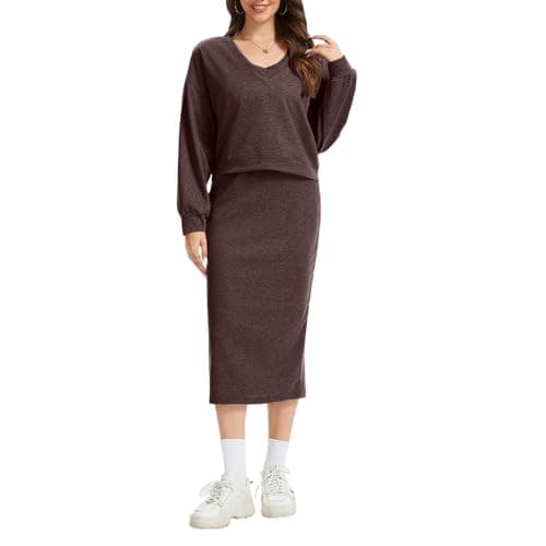 Anyshe Women's 2 Piece Matching Knit Sweater Set, Long Sleeve V-Neck Top with Maxi Skirt, Effortless Style for Vacation - Thumbnail 2