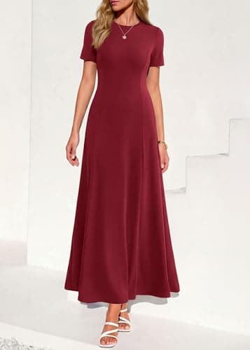KIRUNDO Wedding Guest Dresses for Women 2026 Spring Summer Short Sleeve Pleated Long Flowy A Line Formal Maxi Dress Pockets(Burgundy, Medium) - Thumbnail 2