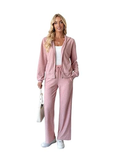 dursrove Women's 2 Piece Ribbed Knit Loungewear Set Hooded Zipper Cardigan Pants Casual Lounge Outfit (US, Alpha, Large, Regular, Regular, light pink) - Image 1