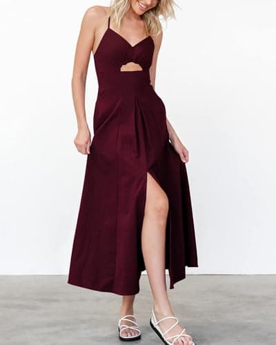 BTFBM Women 2026 Spaghetti Strap Midi Summer Dresses Sleeveless V Neck Cutout Slit Casual Beach Party Maxi Dress Pockets(Wine Red, Large) - Thumbnail 4