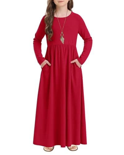 Stelle Girls Maxi Dress Long Sleeve Crew Neck Casual Dresses Fall Flowy Dress with Pockets Party Holiday Outfits Red - Image 1