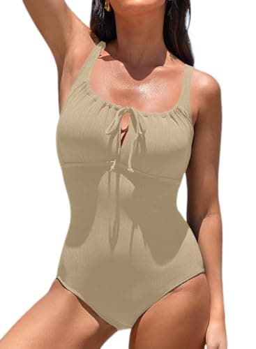 Aleumdr 2026 Trendy Textured One Piece Bathing Suit for Women Tummy Control Swimwear Slimming Bathing Suit Cutout Tie Knot Swimsuit Parchment X-Large - Image 1