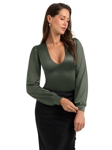 PINKMSTYLE Womens Sexy Silk Plunge V Neck Bodysuit Puff Satin Long Sleeve Blouse Going Out Outfit Army Green Small - Thumbnail 4