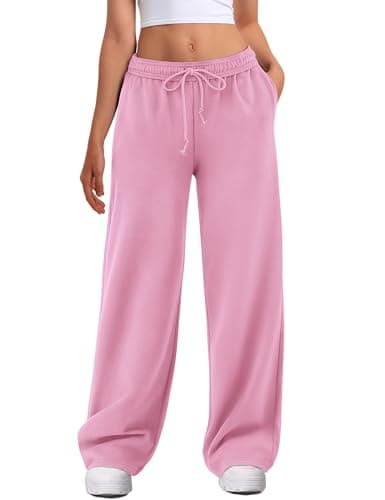 ATHMILE Women's Wide Leg Pink Sweatpants High Waisted Baggy Interior Drawstring Joggers Straight Leg Pants Fashion Clothing - Image 1