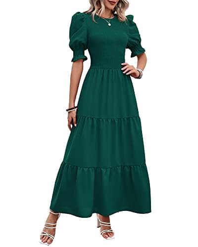 BTFBM Women Casual Summer Dresses 2025 Spring Crew Neck Ruffle Short Sleeve Floral Print Smocked Boho Flowy Maxi Dress(Solid Dark Green, Small) - Image 1